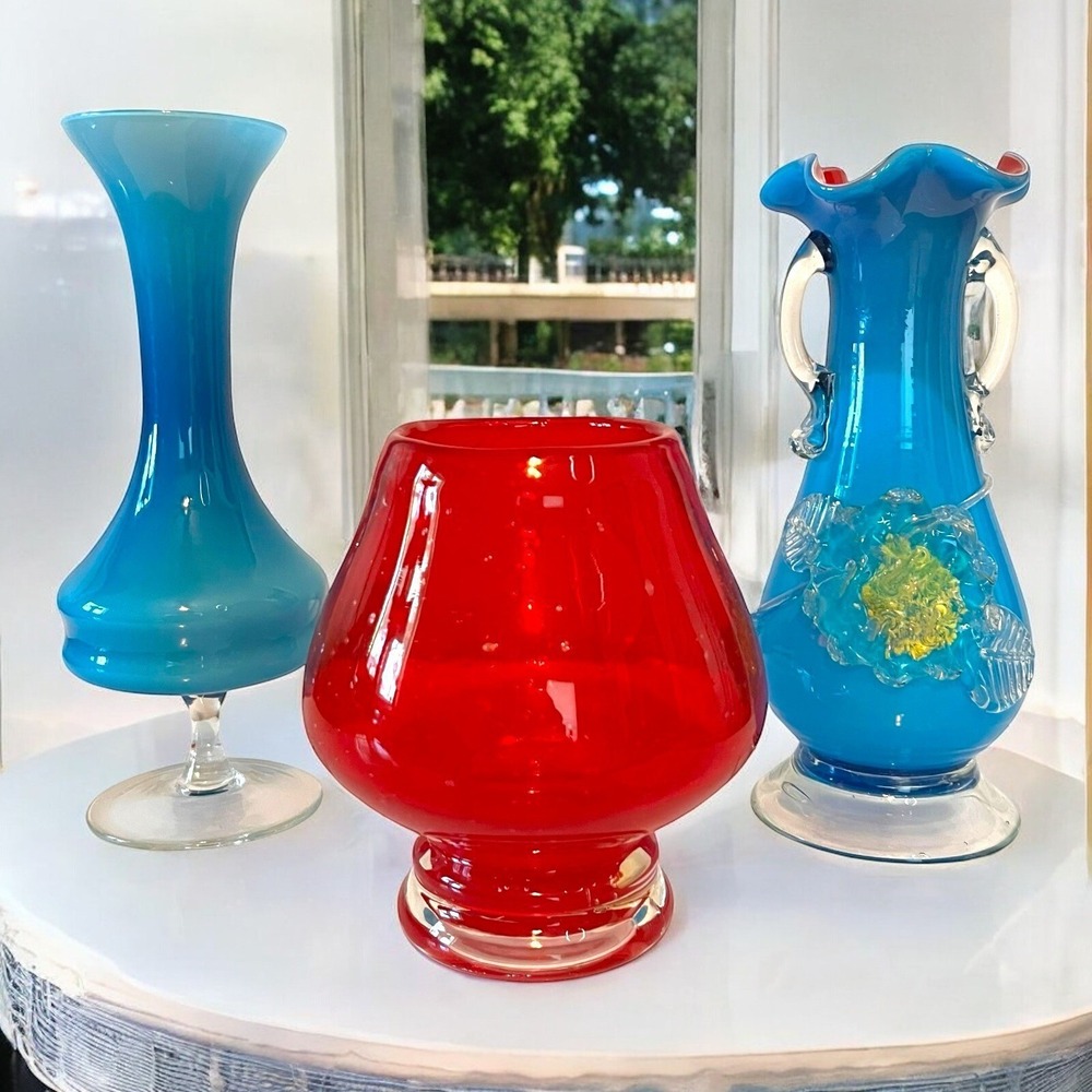 Vintage Set/3  Blown Cased Art Glass Vases Ruffled Edge Floral Detail